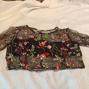Morrisday The Label Black Sheer Mesh Floral Embroidered Crop Top Sz.M witchy